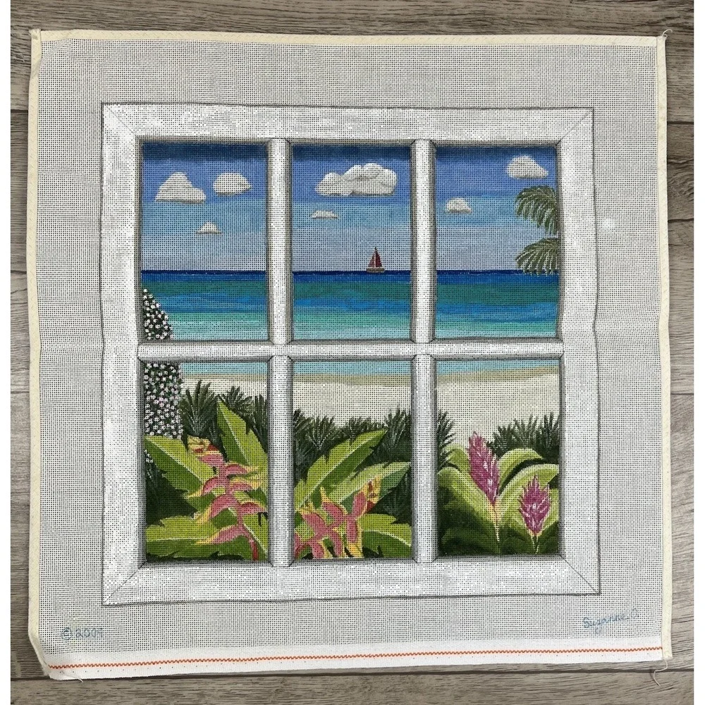 Suzanne Handpainted HP Needlepoint Canvas - Tropical Beach Window View